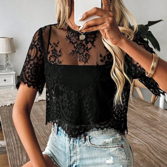 Black Sexy Women's Heavy-Duty Mesh Top With Nail Beads - Picture 3 of 6